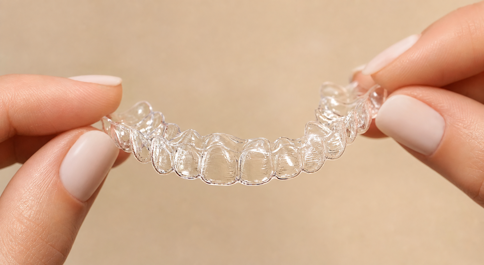 Detalhe de alinhadores invisíveis SouSmile transparentes segurados delicadamente entre os dedos